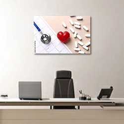 «Стетоскоп, таблетки и красное сердце с бумажным листом электрокардиограммы» в интерьере кабинета директора над офисным креслом