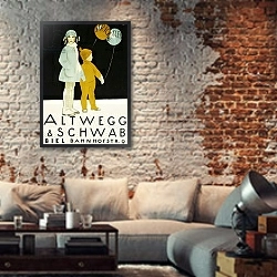 «Altwegg & Schwab, 1921» в интерьере гостиной в стиле лофт с кирпичной стеной