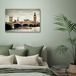 «Великобритания. Лондон. Темза» в интерьере современной спальни в зеленых тонах