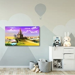 «Пейзаж со сказочным замком» в интерьере детской комнаты для мальчика с росписью на стенах
