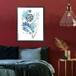 «Синий летний тропический плакат» в интерьере спальни с акцентной стеной