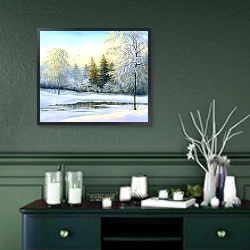 «красивый зимний пейзаж» в интерьере прихожей в зеленых тонах над комодом