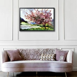 «Акварельная живопись, пейзаж» в интерьере гостиной в классическом стиле над диваном