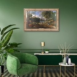 «Пейзаж с мужчиной, убивающим змею» в интерьере гостиной в зеленых тонах