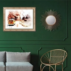 «Путешествие по каньону» в интерьере классической гостиной с зеленой стеной над диваном