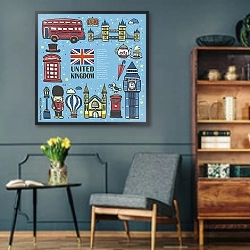 «Великобритания, детский рисунок» в интерьере комнаты в стиле ретро с плетеными корзинами