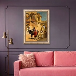 «Departure for the Hunt in the Forecourt of a Palace of Jodhpore, c.1898-1900» в интерьере гостиной с розовым диваном