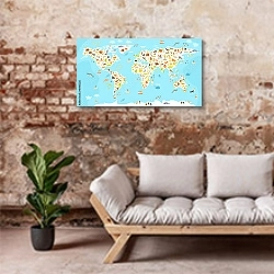 «Детская карта мира с животными №5» в интерьере гостиной в стиле лофт над диваном