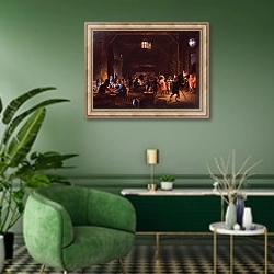 «Гауптвахта с обезьянами» в интерьере гостиной в зеленых тонах