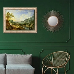 «A Village Fete in the Rhine Valley» в интерьере классической гостиной с зеленой стеной над диваном