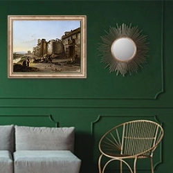 «Вид на Тибр» в интерьере классической гостиной с зеленой стеной над диваном