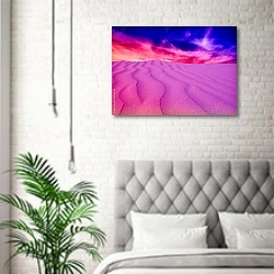 «Сказочная пустыня с фиолетовым песком на закате» в интерьере спальни в скандинавском стиле над кроватью