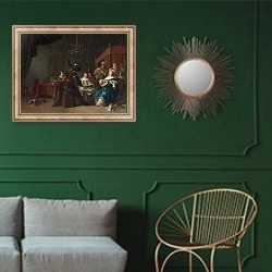 «Музыкальная вечеринка 2» в интерьере классической гостиной с зеленой стеной над диваном