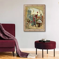 «Columbus discovering America» в интерьере гостиной в бордовых тонах