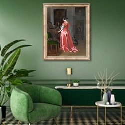 «Женщина, стоящая у клавесина, мужчина сидящий рядом с ней» в интерьере гостиной в зеленых тонах