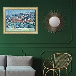 «Hardricourt Village and Castle» в интерьере классической гостиной с зеленой стеной над диваном