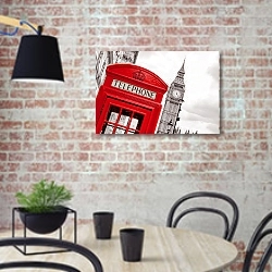 «Англия, Лондон. Биг Бен и телефонная будка» в интерьере кухни в стиле лофт с кирпичной стеной