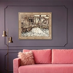 «Старая мельница» в интерьере гостиной с розовым диваном