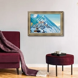 «Тибет. Гималаи» в интерьере классической гостиной с зеленой стеной над диваном