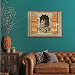 «Susie's Window» в интерьере гостиной с зеленой стеной над диваном
