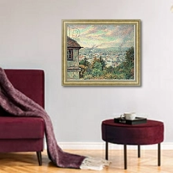 «Paris, View of Montmartre» в интерьере гостиной в бордовых тонах