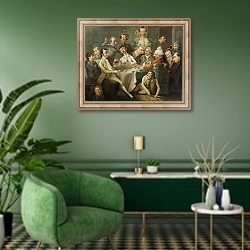 «A Caricature Group, c.1776» в интерьере гостиной в зеленых тонах