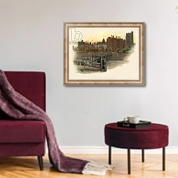 «Lambeth Palace, from the bridge» в интерьере гостиной в бордовых тонах