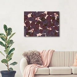 «Фиолетовые листья на розовом фоне» в интерьере современной светлой гостиной над диваном