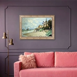 «The Beach at Trouville; La Plage a Trouville, 1870» в интерьере гостиной с розовым диваном