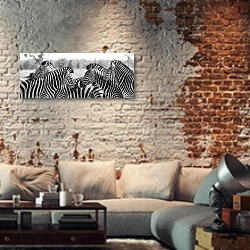 «Группа зебр в ч/б» в интерьере гостиной в стиле лофт с кирпичной стеной
