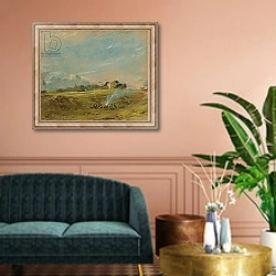 «A View of Hampstead Heath, with figures round a bonfire» в интерьере классической гостиной над диваном
