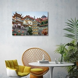 « Храм Кек Лок Си, Пенанг, Малайзия» в интерьере современной гостиной с желтым креслом