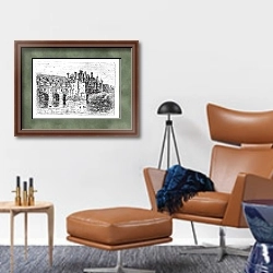 «Chenonceau Castle vintage engraving» в интерьере кабинета с кожаным креслом