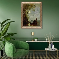 «Moonlit Scene with Gondola» в интерьере гостиной в зеленых тонах
