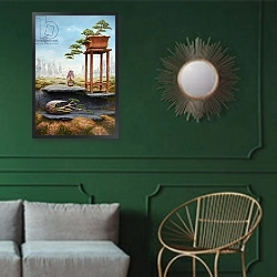 «Bonsai Fantasy, 2016» в интерьере классической гостиной с зеленой стеной над диваном