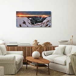 «Снежные вершины гор на закате» в интерьере современной светлой гостиной над комодом