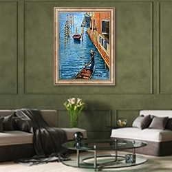 «Лодка с гребцом на канале Венеции» в интерьере гостиной в оливковых тонах