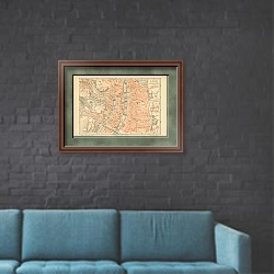 «Карта Лиона, Франция, конец 19 в. 1» в интерьере в стиле лофт с черной кирпичной стеной