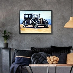 «Черный ретро-автомобиль» в интерьере гостиной в стиле лофт в серых тонах
