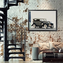 «Ford V8 Phaeton '1932» в интерьере двухярусной гостиной в стиле лофт с кирпичной стеной