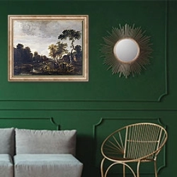 «Вечерний пейзаж с лошадью и каретой на берегу ручья» в интерьере классической гостиной с зеленой стеной над диваном