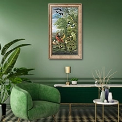 «Cock pheasant, hen pheasant and chicks and other birds in a classical landscape» в интерьере гостиной в зеленых тонах