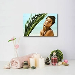 «Загорелая девушка с пальмовым листом на пляже» в интерьере салона красоты