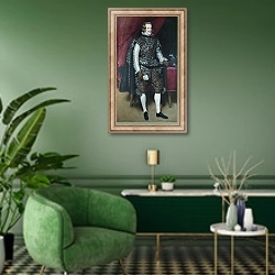 «Филип IV Испанский в коричневом и серебряном» в интерьере гостиной в зеленых тонах