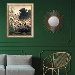 «The Oreads, 1902» в интерьере классической гостиной с зеленой стеной над диваном