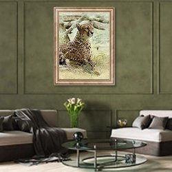 «Дикий леопард» в интерьере гостиной в оливковых тонах