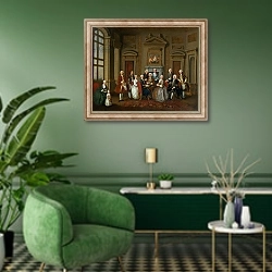 «A Family in a Palladian Interior, 1740» в интерьере гостиной в зеленых тонах