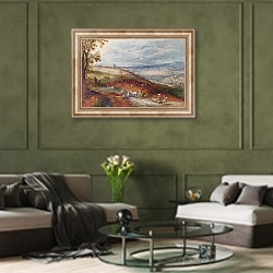 «Пейзаж с ветряной мельницей» в интерьере гостиной в оливковых тонах
