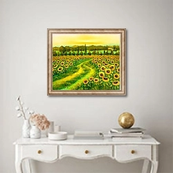 «Vintage oil painting depicting sunflowers, heavily textured.» в интерьере в классическом стиле над столом «Vintage oil painting depicting sunflowers, heavily textured.» в интерьере в классическом стиле над столом
