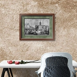 «View of the city of Amsterdam and the old Town Hall in the 19th century.» в интерьере кабинета с песочной стеной над столом